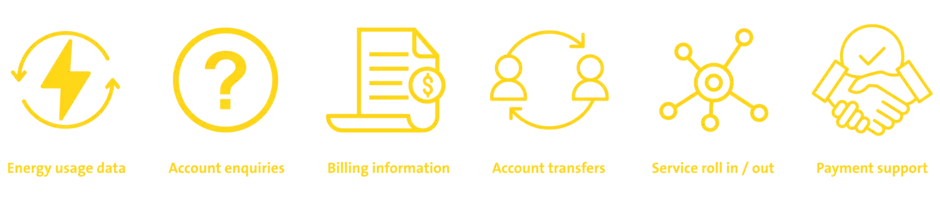 Managing your services: energy usage data; account enquiries; billing information; account transfers; service roll in / out; payment support.